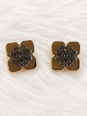 Tory Burch Stud Earrings Clover Logo Gold Black Enamel New